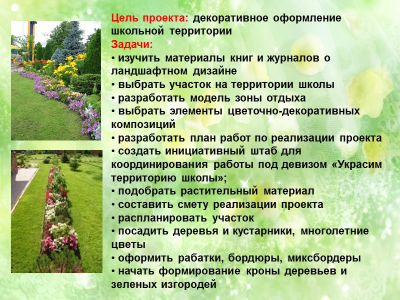 Цель проекта: декоративное оформление школьной территории Задачи: изучить материалы книг Цель проекта: декоративное оформление школьной территории Задачи: изучить материалы книг